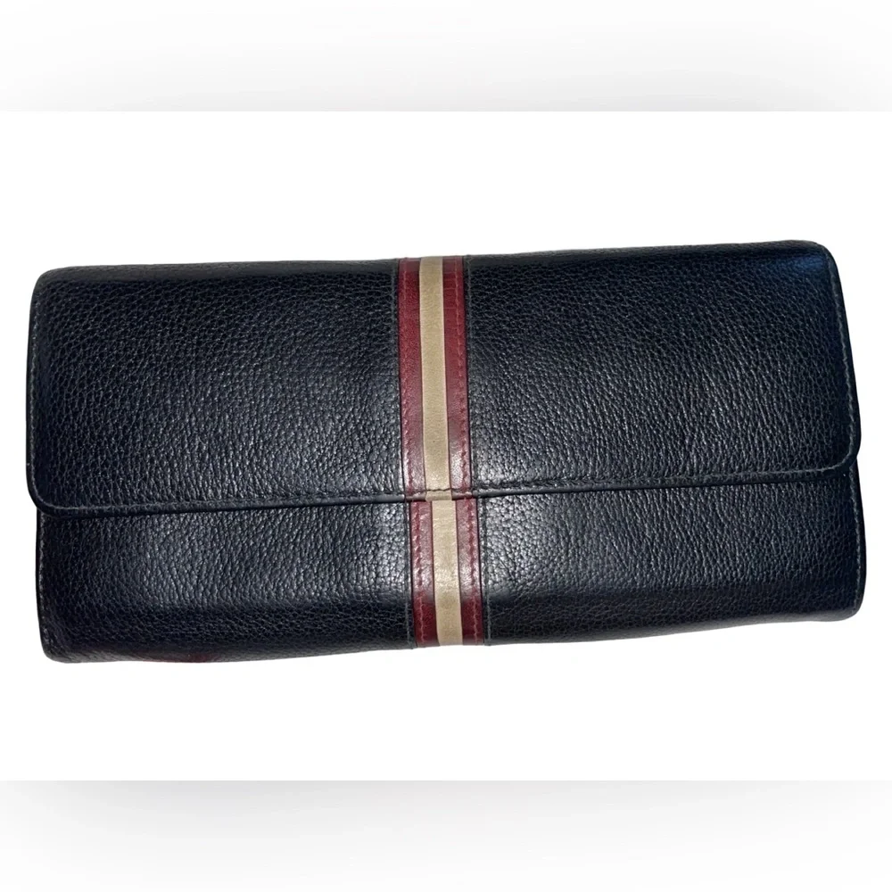 Bally black leather long wallet signature red and off-white stripe. 4x8